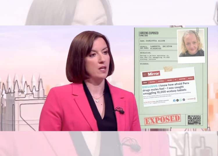 Bridget Phillipson in front of a Labour smear poster