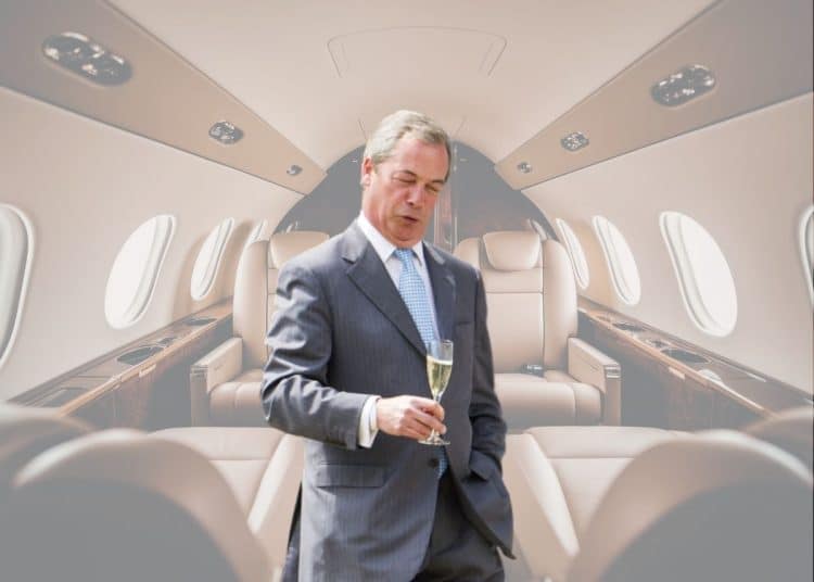 Nigel Farage in front of an image of a private jet
