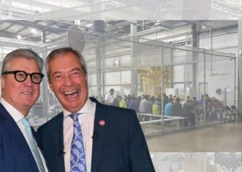 A graphic showing a photograph of Malcolm Offord and Nigel Farage, of Reform, in front of a detention centre.