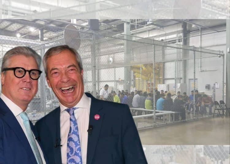 A graphic showing a photograph of Malcolm Offord and Nigel Farage, of Reform, in front of a detention centre.