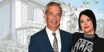 Nigel Farage and Laure Ferrari in front of a house