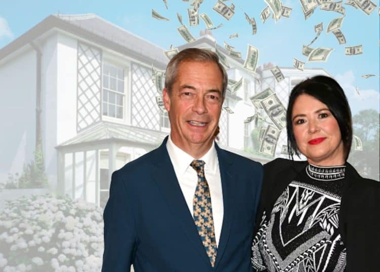 Nigel Farage and Laure Ferrari in front of a house