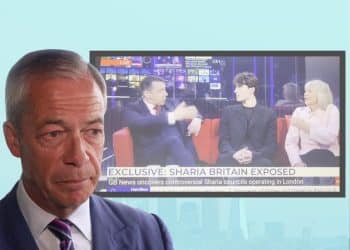 Nigel Farage in front of an image of a Reform activist on GB News