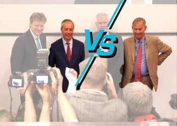 Nigel Farage and Rupert Lowe with a VS symbol between them