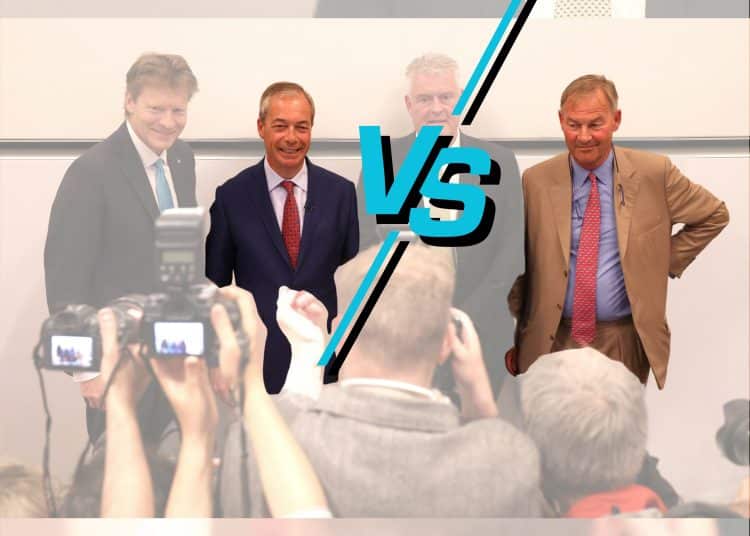 Nigel Farage and Rupert Lowe with a VS symbol between them
