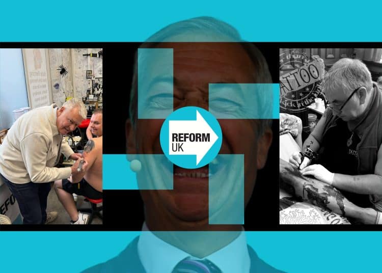 Reform leader Nigel Farage, a Swastika, and Reform councillor Andy Arnold