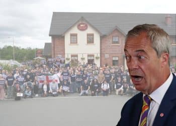 Reform UK leader Nigel Farage and an image of Restore Britain supporters