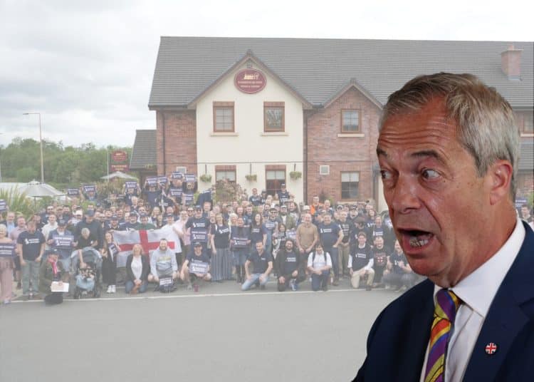 Reform UK leader Nigel Farage and an image of Restore Britain supporters