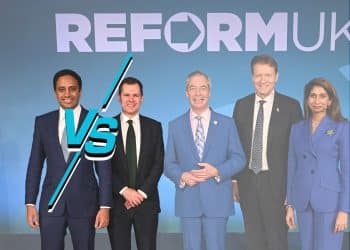 Robert Jenrick and Zia Yusuf of Reform with a 'VS' symbol between them