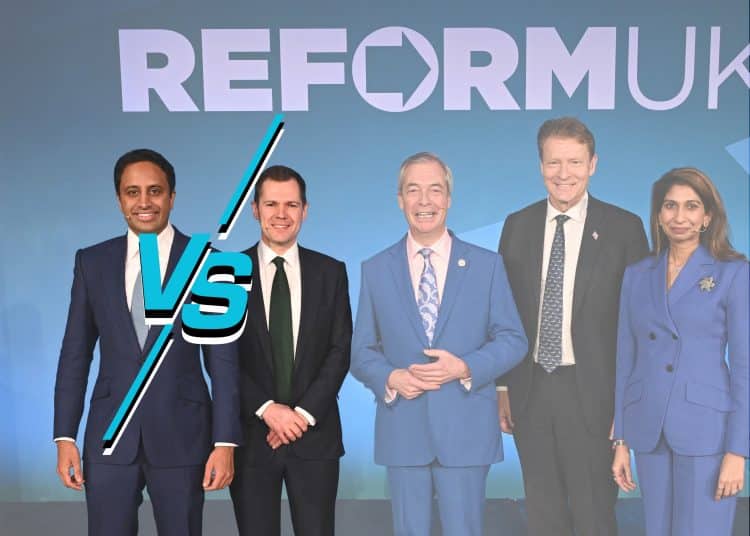Robert Jenrick and Zia Yusuf of Reform with a 'VS' symbol between them