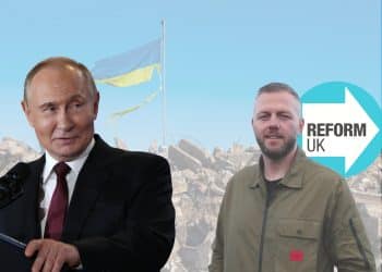 Reform candidate Robert Kenyon and Vladimir Putin in front of Ukrainian rubble