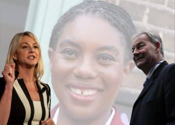 Alex Phillips, Kemi Badenoch, and Rupert Lowe of Restore Britain