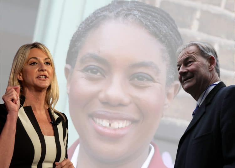 Alex Phillips, Kemi Badenoch, and Rupert Lowe of Restore Britain