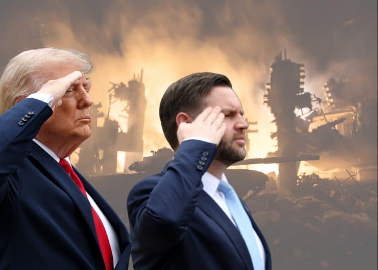 Donald Trump and JD Vance in front of flaming wreckage