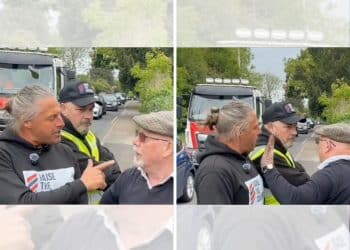 A screenshot of the video showing Ryan Bridge, of Raise the Colours, a campaign group to cover Britain in England flags, pointing his finger in an elderly man's face