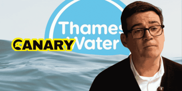 Thames Water logo in the background, sinking into the ocean. In the foreground is Andy Burnham looking upset and next to him is the Canary logo