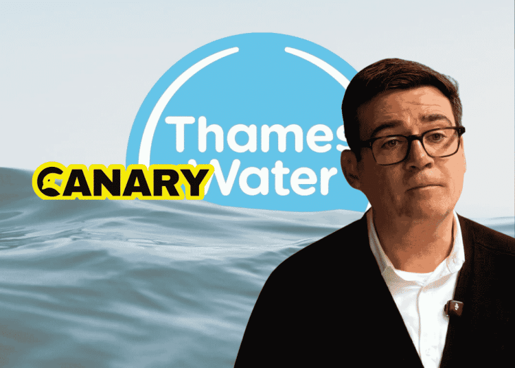 Thames Water logo in the background, sinking into the ocean. In the foreground is Andy Burnham looking upset and next to him is the Canary logo