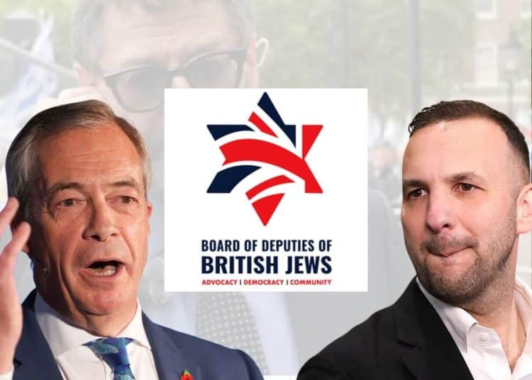 Nigel Farage, Zack Polanski, and the Board of Deputies of British Jews logo