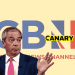 A picture of GB News' logo in the background. In the foreground we have Nigel Farage looking confused and holding up his hands. One the right hand side is the Canary logo. Reform