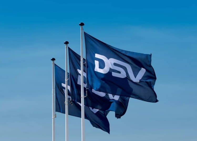 Flags with the logo of logistics company DSV