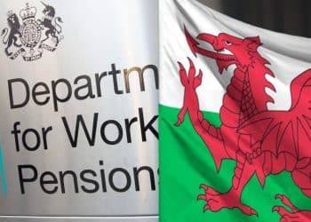 Composite image showing Welsh flag over DWP office nameplate. Senedd candidates pledge on disability review