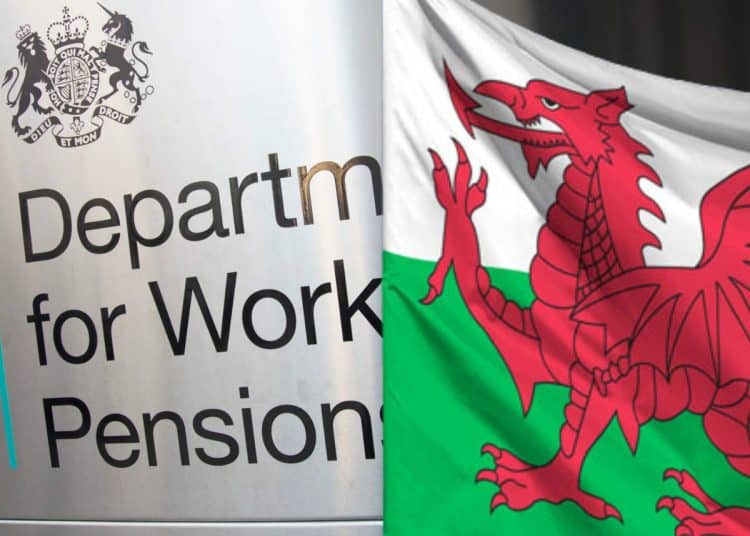 Composite image showing Welsh flag over DWP office nameplate. Senedd candidates pledge on disability review