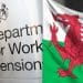 Composite image showing Welsh flag over DWP office nameplate. Senedd candidates pledge on disability review