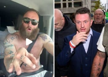 EDobbin, shirtless with tattos along both arms (left) in his car speaking. He harrassed a teenage girl, 15, at a recent rally. Meanwhile, the second image shows Tommy Robinson (right) walking, wearing a suit