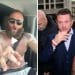 EDobbin, shirtless with tattos along both arms (left) in his car speaking. He harrassed a teenage girl, 15, at a recent rally. Meanwhile, the second image shows Tommy Robinson (right) walking, wearing a suit
