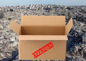 Composite image showing a shipping box with an Approved stamp on it over an aerial view of destruction in Gaza. UK export licence military equipment to Israel