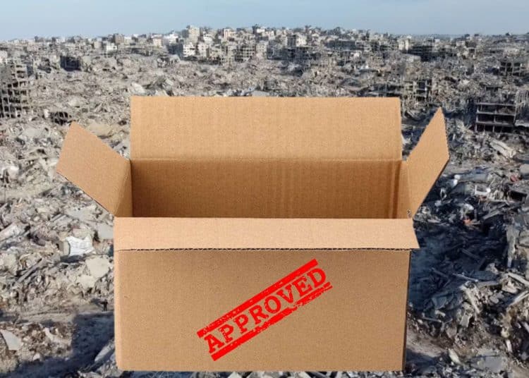 Composite image showing a shipping box with an Approved stamp on it over an aerial view of destruction in Gaza. UK export licence military equipment to Israel