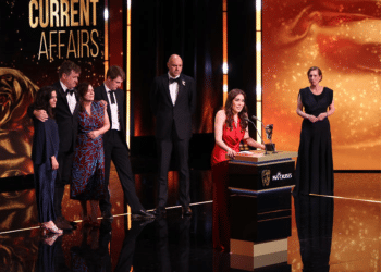 The Gaza: Doctors Under Attack production team on the BAFTA stage. Ramita Navai is at the mic.