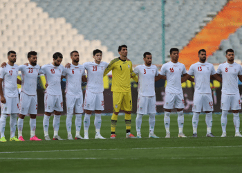 Iranian Players poses for one minute silent during FIFA World Cup Qualifier match between Iran v Cambodia at Azadi Stadium on October 10, 2019 in Tehran, Iran.
