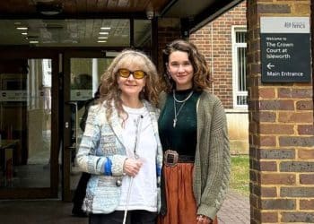 Jane Touil and Phoebe Plummer outside Isleworth Crown Court re Just Stop Oil Heathrow T5 paint protest
