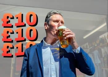 Keir Starmer drinking a pint in front of text which reads '£10'