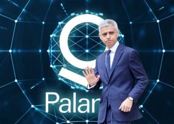 Composite image showing Sadiq Khan in front of Palantir logo