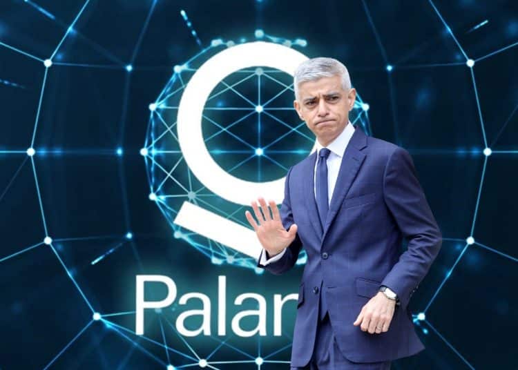 Composite image showing Sadiq Khan in front of Palantir logo