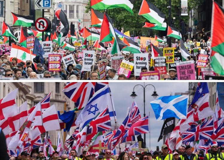 Two part image showing: Top: Nakba 78 march Bottom: Unite the Kingdom march London 16 May 2026 Green Party open letter to council leader
