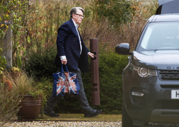 Lord Peter Mandelson seen outside his house on February 15, 2026 in Marlborough, England.