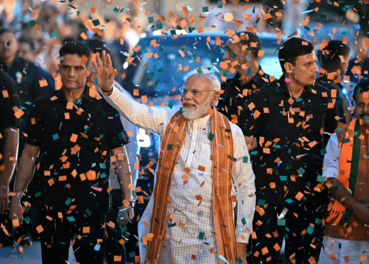 Narendra Modi, prime minister of India, celebrates the Modi-led BJP winning the May 2026 election