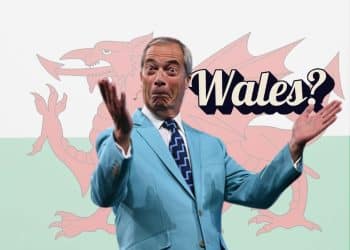 A graphic of Reform leader Nigel Farage in front of a Welsh flag and text which reads 'Wales?'