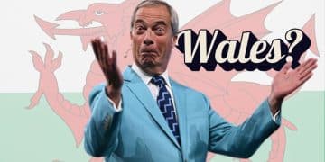 A graphic of Reform leader Nigel Farage in front of a Welsh flag and text which reads 'Wales?'