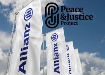 Composite image with the Peace & Justice Project logo added to a picture of Allianz logo flags