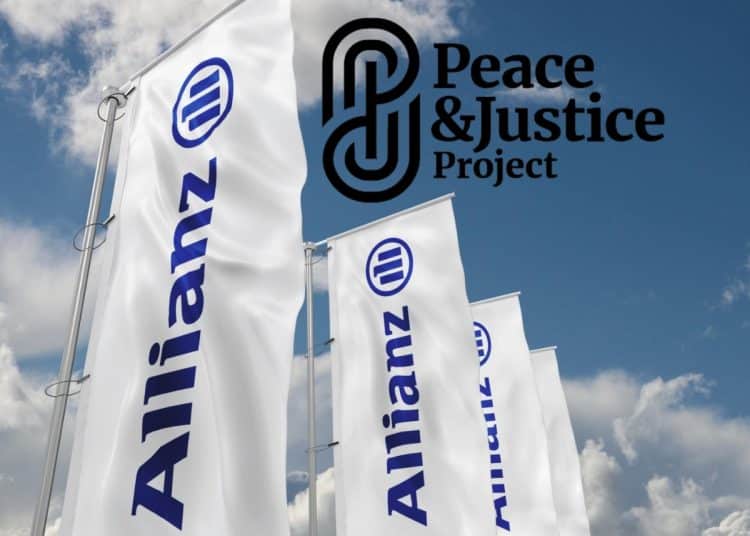 Composite image with the Peace & Justice Project logo added to a picture of Allianz logo flags