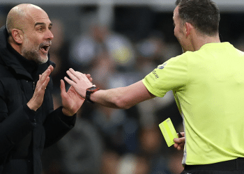 Pep Guardiola argues with ref Chris Kavanagh