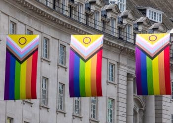 Progress Pride flags in London's Regent St Home Office detention of LGBTQI+ people
