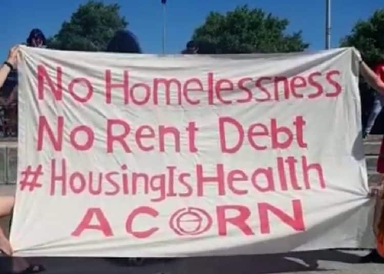 Banner from renters union Acorn, saying: No Homelessness No Rent Debt #HousingIsHealth Acorn