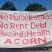 Banner from renters union Acorn, saying: No Homelessness No Rent Debt #HousingIsHealth Acorn