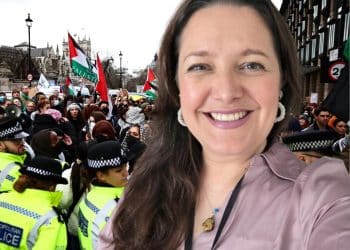 Composite image showing UN Special Rapporteur on the Rights to Freedom of Peaceful Assembly and of Association in front of an image of a police cordon at a pro-Palestine protest
