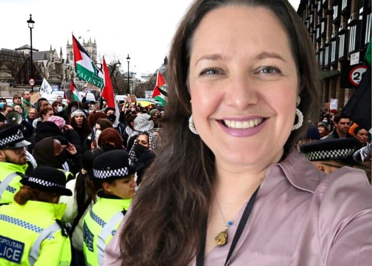 Composite image showing UN Special Rapporteur on the Rights to Freedom of Peaceful Assembly and of Association in front of an image of a police cordon at a pro-Palestine protest